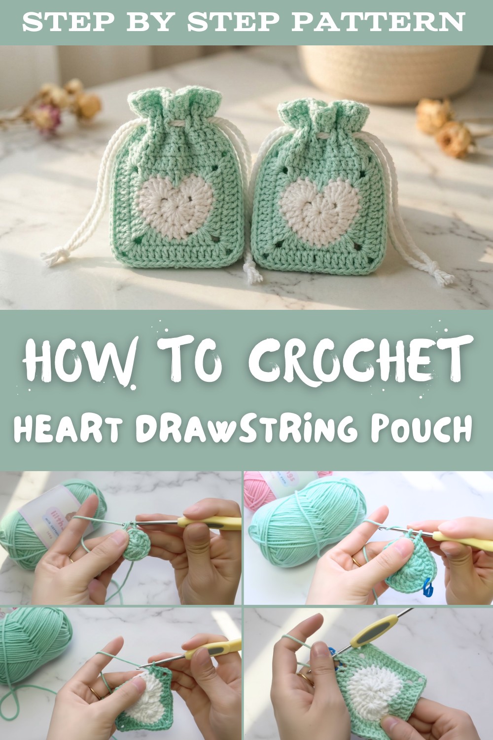 Crochet Heart Drawstring Pouch Pattern
