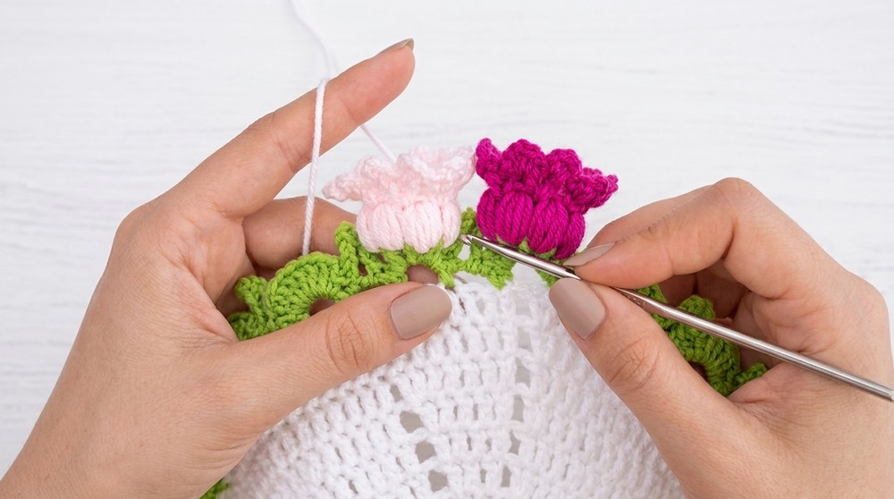Crochet rose bouquet tablecloth