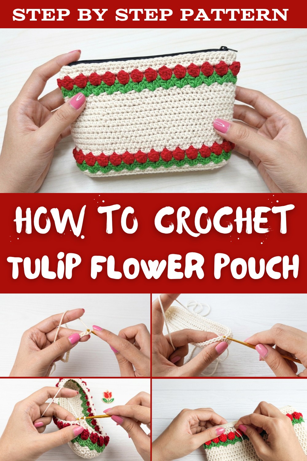 Tulip flower motif knitted pouch