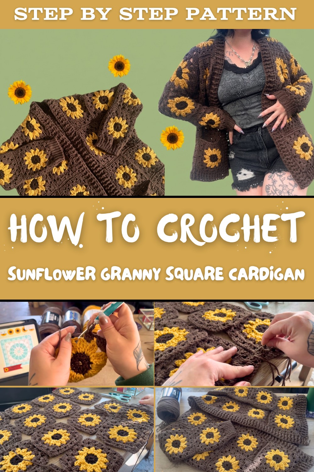 Crochet Sunflower Granny Square Cardigan Tutorial