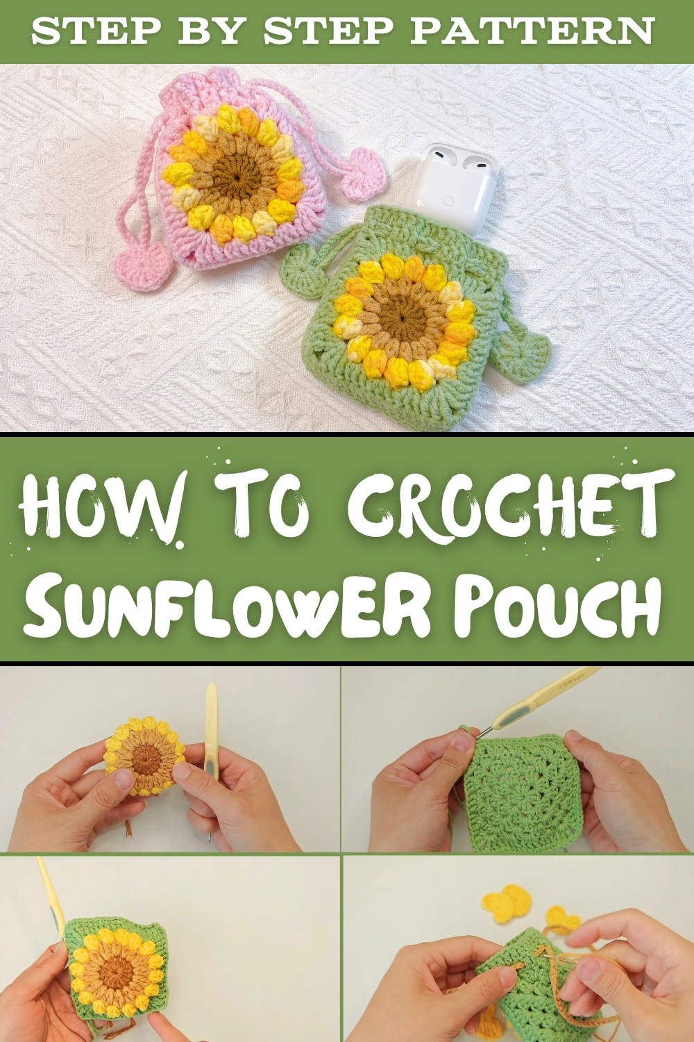 Crochet Sunflower Granny Square Pouch Pattern